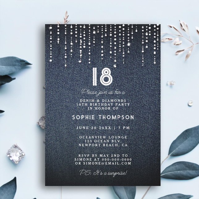Denim Diamonds Drippings 18:e Födelsedagsfesten Inbjudningar (denim diamonds drippings glam 18th birthday party invitation for women modern classy simple luxury)