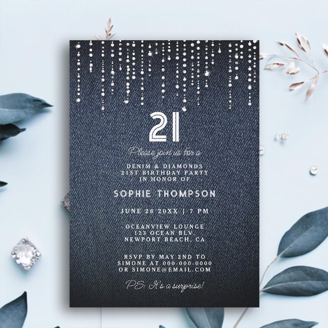 Denim Diamonds Drippings 21:a födelsedagen Party Inbjudningar (denim diamonds 21st birthday party invitation for women modern simple glam elegant classy drippings)