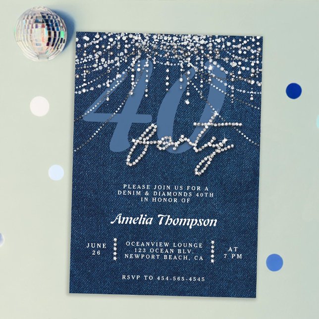 Denim Diamonds Drips Curtain 40:e födelsedagen Par Inbjudningar (denim diamonds 40th birthday invitation for women elegant classy rhinestones modern denim glitter)