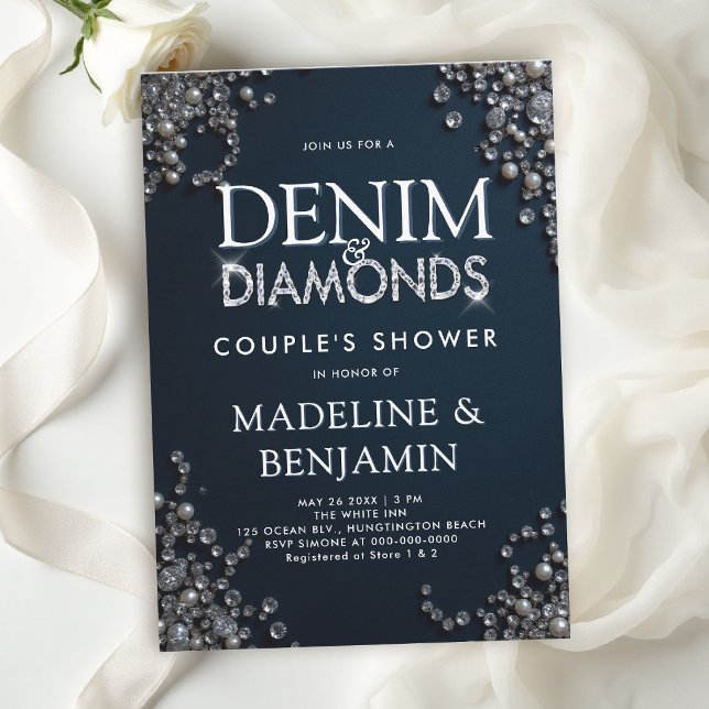 Denim Diamonds Elegant Blå Rustik Par Bröllopsdusc Inbjudningar (denim and diamonds wedding shower invitations template couple bridal western country rustic)