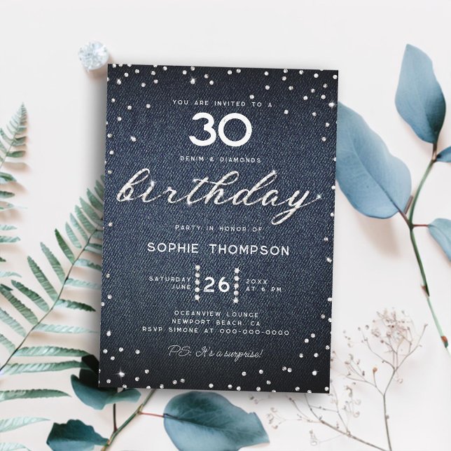Denim Diamonds Elegant Bling 30års födelsedag Part Inbjudningar (denim diamonds thirty birthday invitation women elegant rustic modern boho classy bling script)