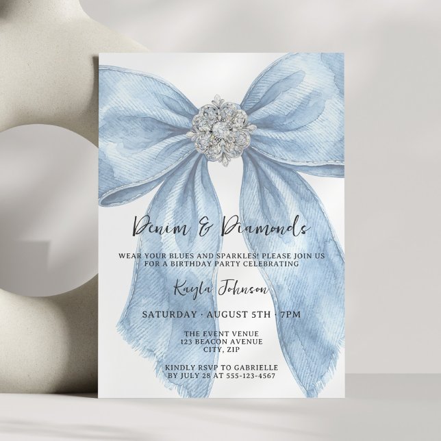 Denim Diamonds Elegant Blue Watercolor Bow Inbjudningar (Skapare uppladdad)