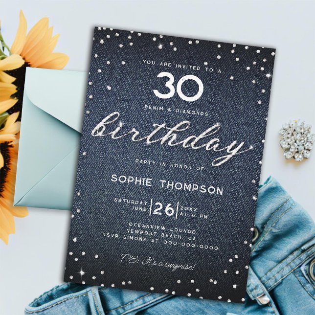 Denim Diamonds Elegant Classy 30års födelsedag Par Inbjudningar (denim diamonds 30th birthday party women elegant rustic boho rhinestones glitter chic modern classy)