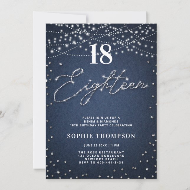 Denim Diamonds Elegant Glitter Blue 18:e födelseda Inbjudningar (Framsida)