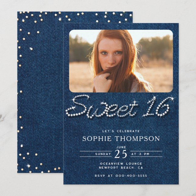 Denim Diamonds Elegant Modern Blue Sweet 16 Photo Inbjudningar (Fram/baksida)