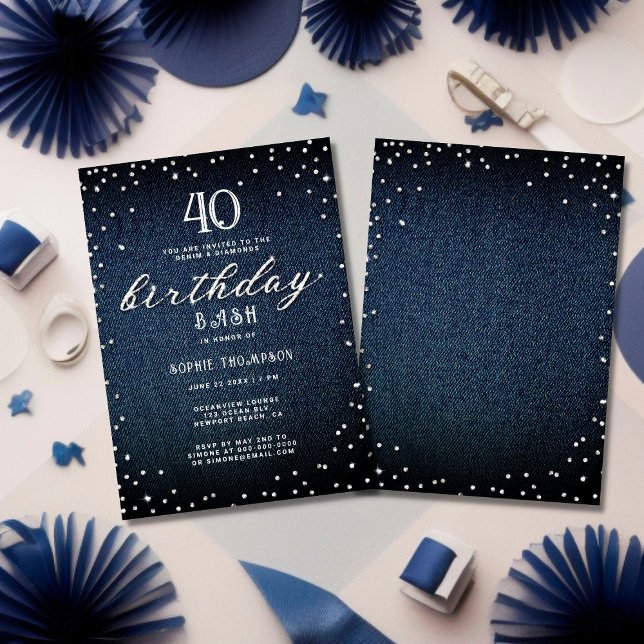 Denim Diamonds Elegant Rustic 40:e födelsedagen Pa Inbjudningar (Skapare uppladdad)