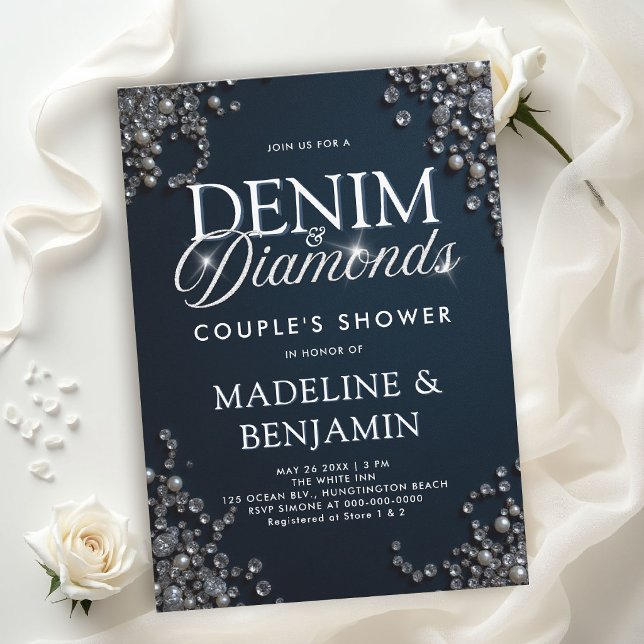 Denim Diamonds Elegant Rustik Blå Bröllopsdusch Inbjudningar (denim and diamonds wedding shower invitations template couple bridal western country rustic blue)