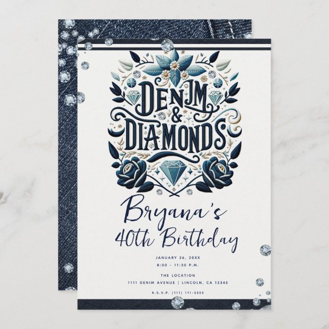 Denim & Diamonds Embroderad Blommigt Födelsedagsfe Inbjudningar (Fram/baksida)