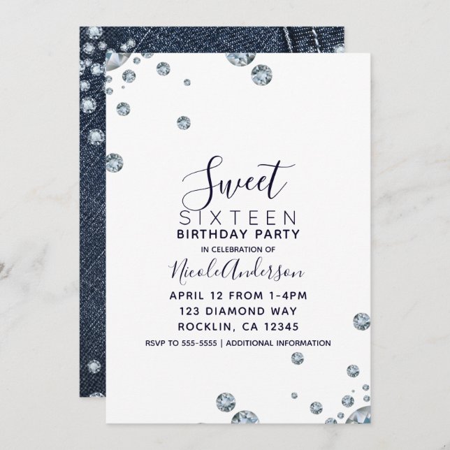 Denim & Diamonds Fickfödelsedagsfest Sweet 16 Part Inbjudningar (Fram/baksida)