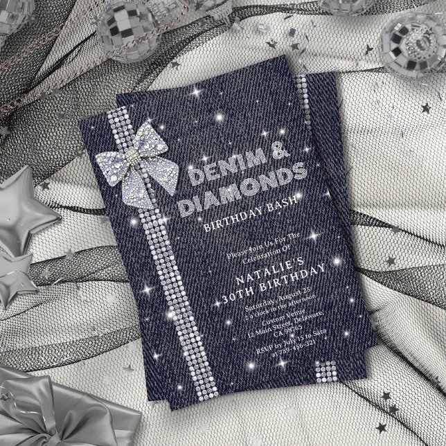 Denim & Diamonds Födelsedagsfest för mousserande f Inbjudningar (Denim & Diamonds Sparkling Navy Bow Birthday Party Invitation)