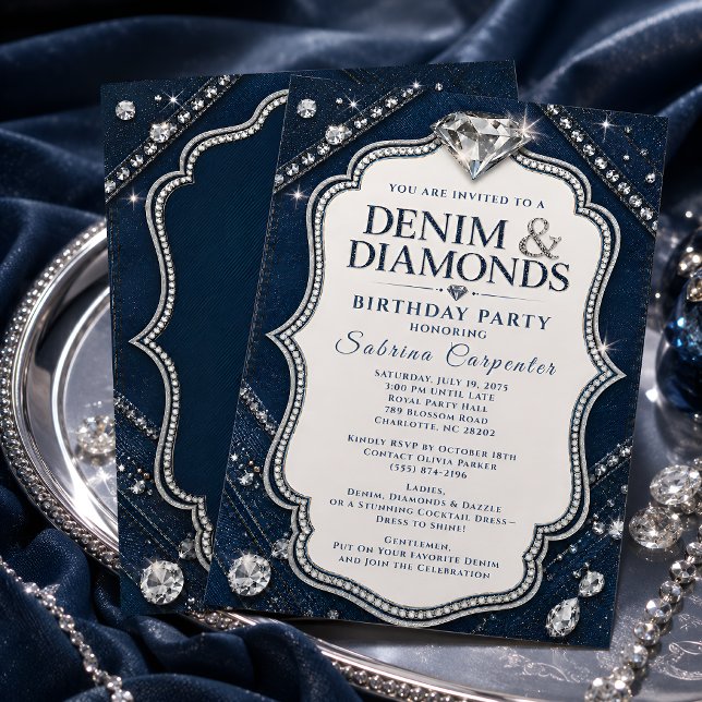 Denim & Diamonds Födelsedagsfest Navyblå Inbjudningar (Skapare uppladdad)