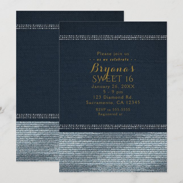 Denim & Diamonds Glam Bling-partynodningar Inbjudningar (Fram/baksida)