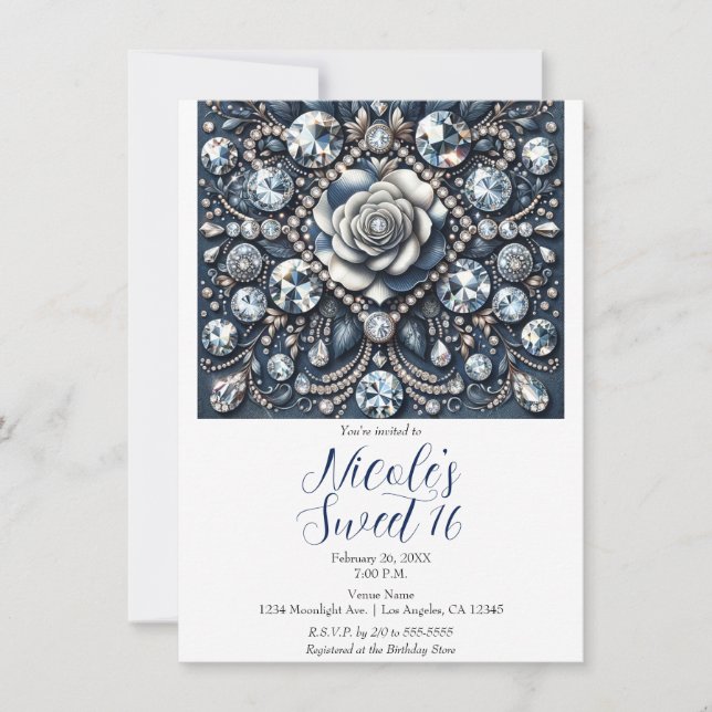 Denim & Diamonds Glam Bling Ro Sweet 16 Birthday Inbjudningar (Framsida)