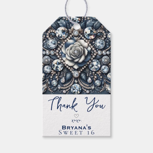 Denim & Diamonds Glam Bling Rosa Födelsedagsfest Presentetikett (Framsidan)