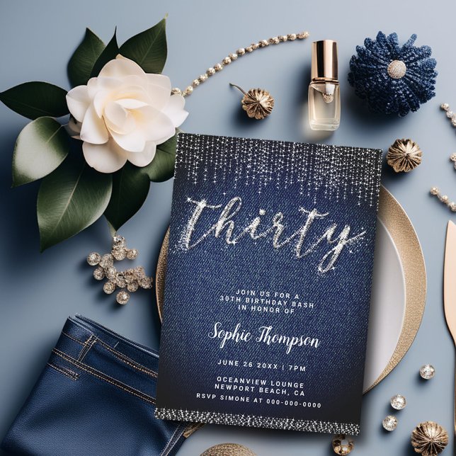 Denim Diamonds Glam Calligraphy Chic 30års födelse Inbjudningar (denim diamonds 30th birthday invite glam bling calligraphy elegant classy chic jeans blue white)