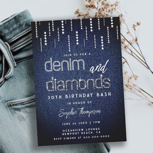 Denim Diamonds Glam Drip Classy Chic 30års födelse Inbjudningar (denim and diamonds 30th birthday invitation for women glitter drips elegant classy modern glam chic)