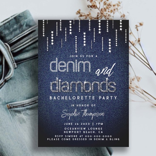 Denim Diamonds Glam Drip Classy Chic Bachelorette Inbjudningar (denim and diamonds bachelorette party glam glitter drippings ladies night out country party classy)