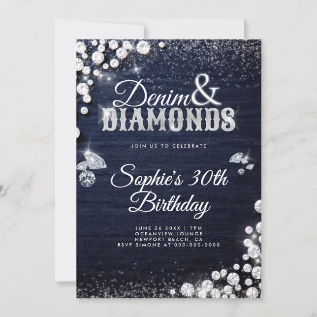 Denim Diamonds Glam Elegant 30års födelsedag Inbjudningar (Framsida)