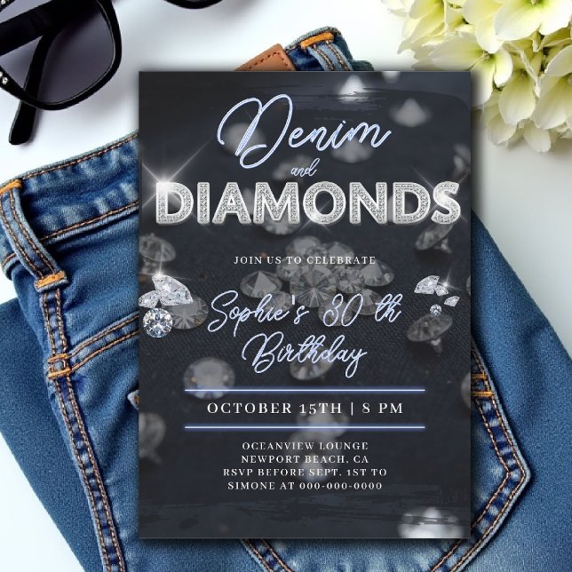 Denim Diamonds Glam Glow Classy 30års födelsedag Inbjudningar (denim and diamonds 30th birthday party invite glam script glitz bling sparkle blue white glow)
