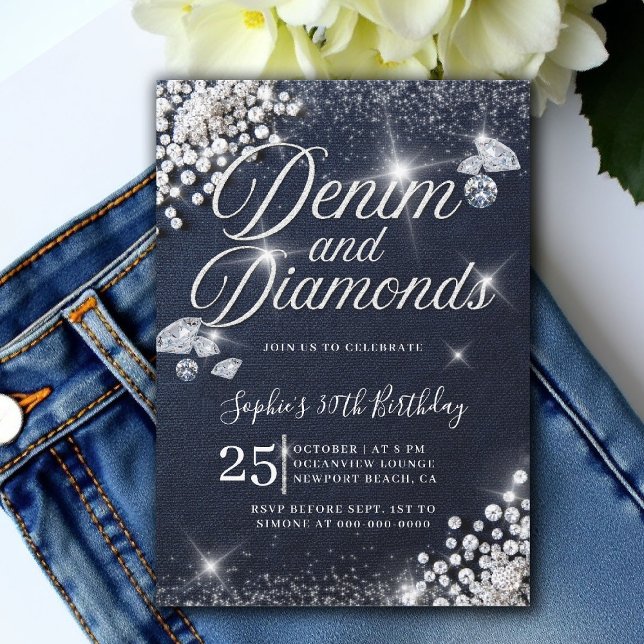 Denim Diamonds Glam Script Classy 30års födelsedag Inbjudningar (denim and diamonds 30th birthday party invite glam script glitz bling sparkle blue white)