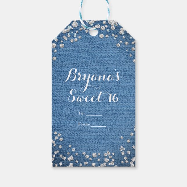 Denim & Diamonds Glam spridd bling partygåva Presentetikett (Framsidan)