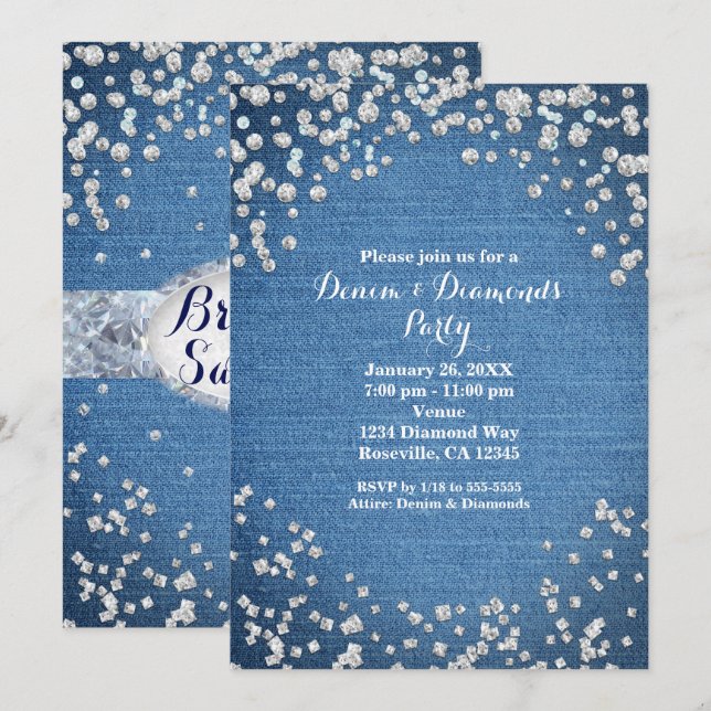 Denim & Diamonds Glam spridda bling-inbjudningar Inbjudningar (Fram/baksida)