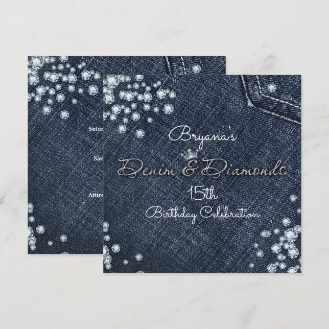 Denim & Diamonds Glam Tiara Kronpartys Inbjudan (Fram/baksida)