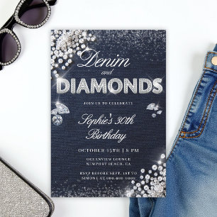 Denim Diamonds Glam Type Classy 30års födelsedag Inbjudningar