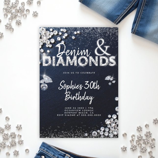 Denim Diamonds Glam Type Elegant 30års födelsedag Inbjudningar (denim and diamonds 30th birthday party invite glam type glitz bling sparkle blue white classy)