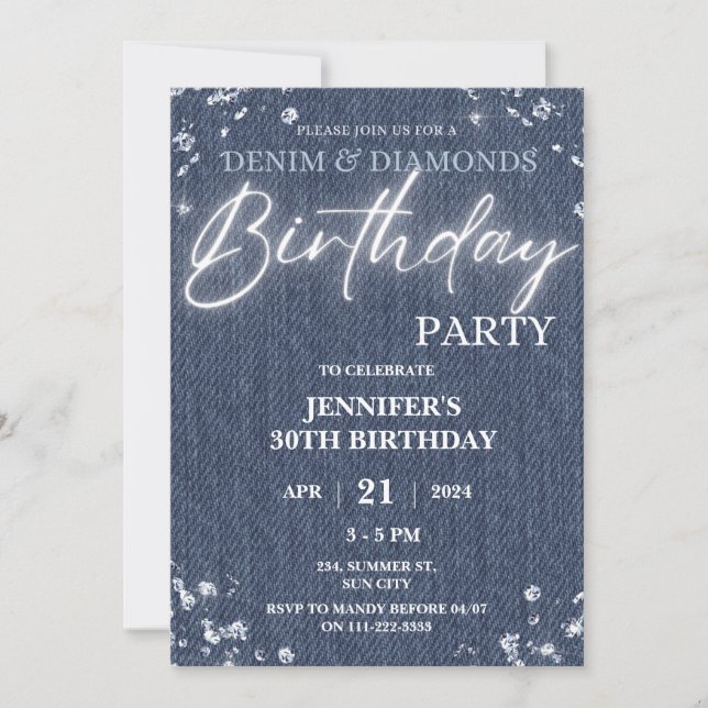 Denim Diamonds Glitter Bling Elegant Birthday Inbjudningar (Framsida)