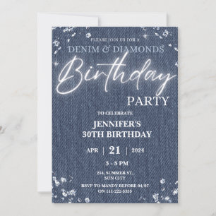 Denim Diamonds Glitter Bling Elegant Birthday Inbjudningar