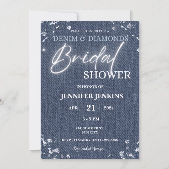 Denim Diamonds Glitter Bling Elegant Möhippa Inbjudningar (Framsida)