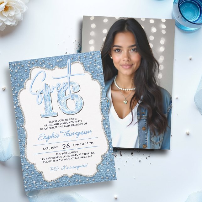 Denim Diamonds Glitter Chic Ram Photo Sweet 16 Inbjudningar (sweet sixteen invitation 16th birthday photo template denim diamonds elegant frame bling fashion)