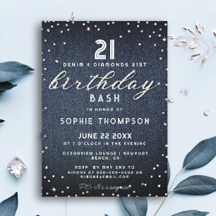 Denim Diamonds Glitter Elegant 21:a födelsedagen P Inbjudningar