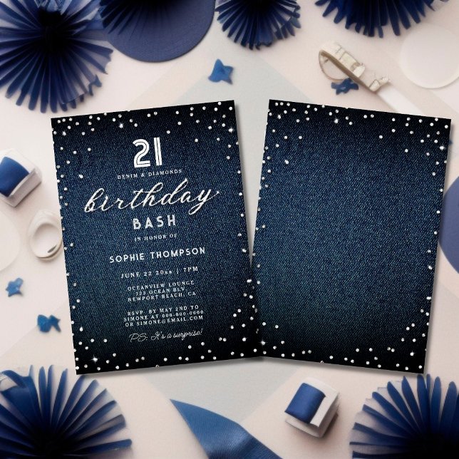 Denim Diamonds Glitter Elegant 21:a födelsedagen P Inbjudningar (Skapare uppladdad)