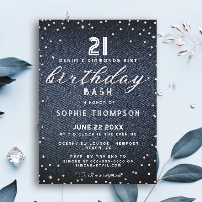Denim Diamonds Glitter Elegant 21:a födelsedagen P Inbjudningar (denim diamonds 21st birthday party invitation modern elegant chic classy simple typography glam)