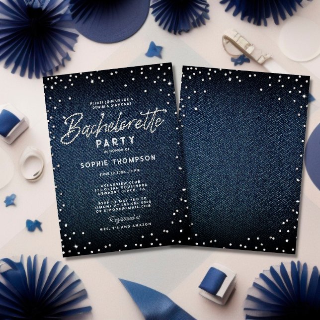 Denim Diamonds Glitter Elegant Bachelorette Party Inbjudningar (Skapare uppladdad)