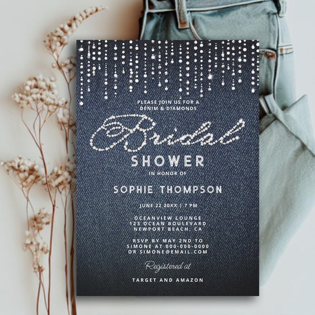 Denim Diamonds Glitter Elegant  Möhippa Inbjudningar (denim diamonds glitter drips bridal shower invitation modern classy simple elegant calligraphy blue)