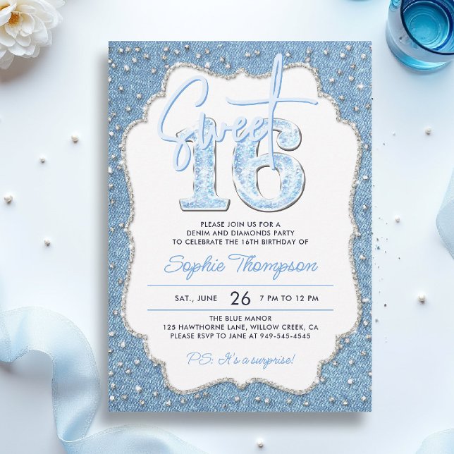 Denim Diamonds Glitter Elegant Ram Sweet 16 Inbjudningar (sweet sixteen invitation 16th birthday denim diamonds elegant frame bling fashion teen girl)