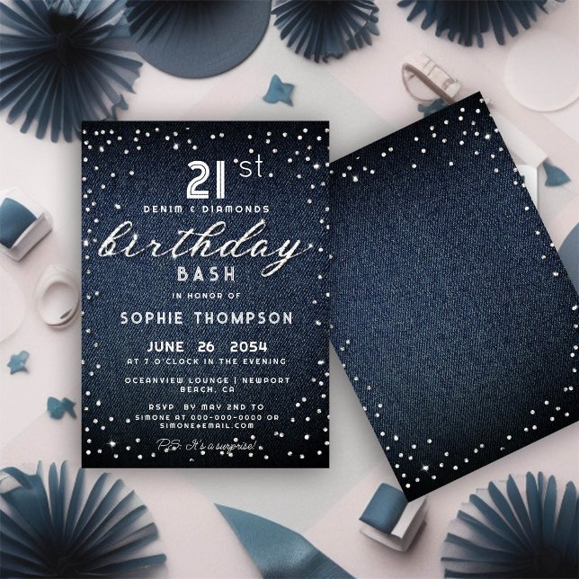 Denim Diamonds Glitter Modern 21:a födelsedagen Pa Inbjudningar (Skapare uppladdad)