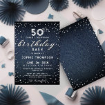 Denim Diamonds Glitter Modern 50:e Födelsedagsfest Inbjudningar<br><div class="desc">En enkel,  modern,  elegant- och chic-födelsedagsfest inbjudan-mall med blå denim-bakgrund,  ord BIRTHDAY täckt av vita diamanter (simulerade,  inte verkliga diamanter) och i moderna kalligrafibilder och typografi i vitt. En chic "denim och diamanter"-design för en kvinna på hennes 50-årsdag!</div>