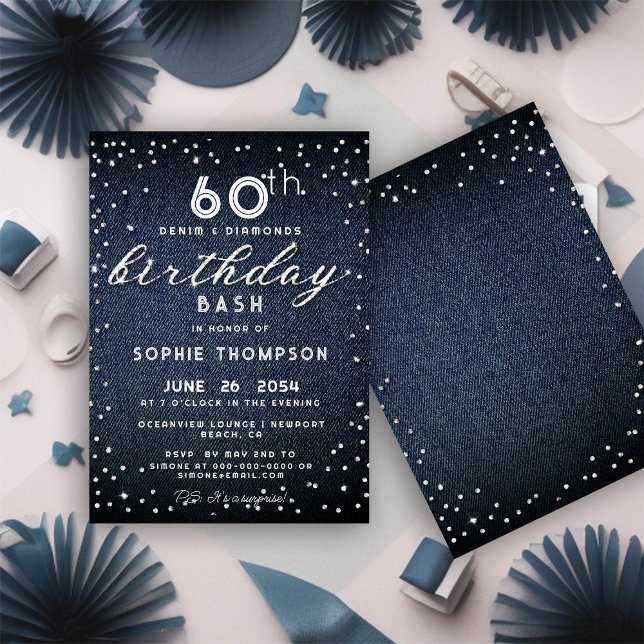 Denim Diamonds Glitter Modern 60:e Födelsedagsfest Inbjudningar (Skapare uppladdad)