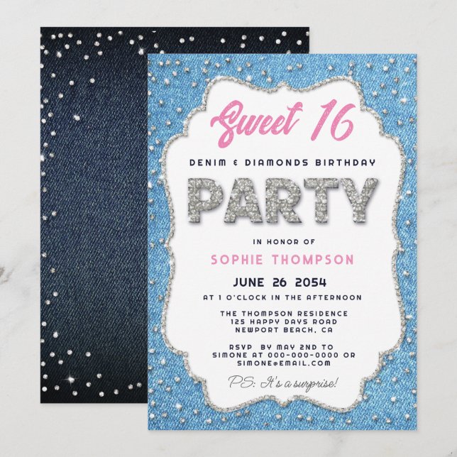Denim Diamonds Glitter Ram Sweet 16 Party Rosa Inbjudningar (Fram/baksida)