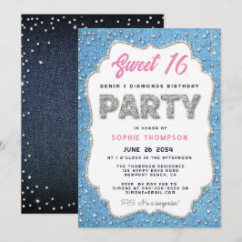 Denim Diamonds Glitter Ram Sweet 16 Party Rosa Inbjudningar