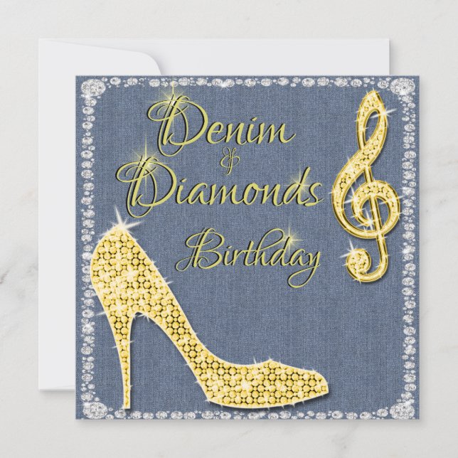 Denim & Diamonds Guld 25:e födelsedagen Inbjudningar (Framsida)