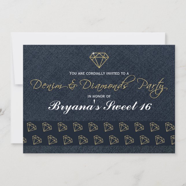 Denim & Diamonds Guld & Blå Glam Festinladning Inbjudningar (Framsida)