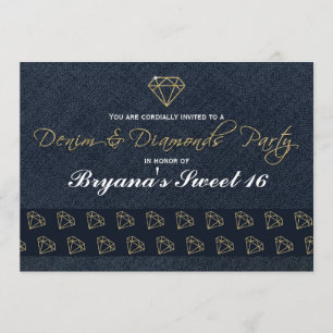 Denim & Diamonds Guld & Blå Glam Festinladning Inbjudningar