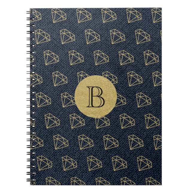 Denim & Diamonds Guld & Blå Glamour Bling Anteckningsbok Med Spiral (Framsidan)
