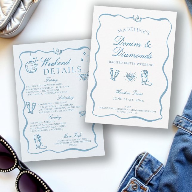 Denim Diamonds Hand Writing Bachelorette Helg Inbjudningar (denim diamonds bachelorette itinerary invitation hand written drawn cowgirl frame bow blue white)