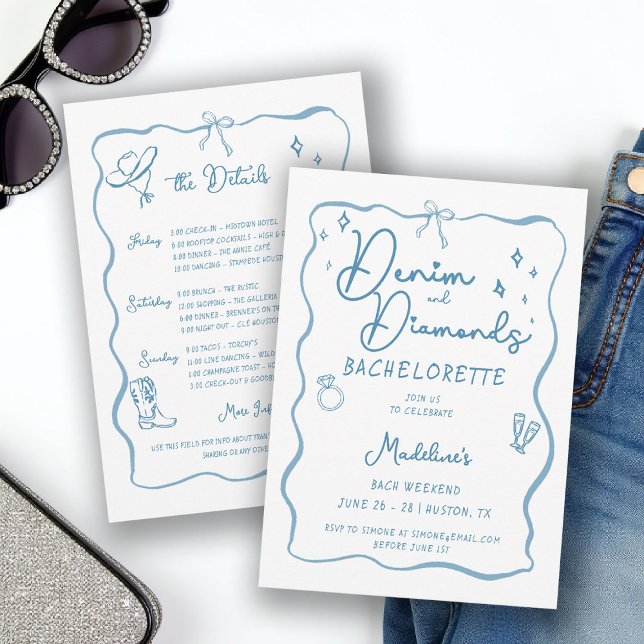 Denim Diamonds Hand Writing Bachelorette Itinerary Inbjudningar (denim diamonds bachelorette itinerary invitation hand written drawn cowgirl frame bow blue white)